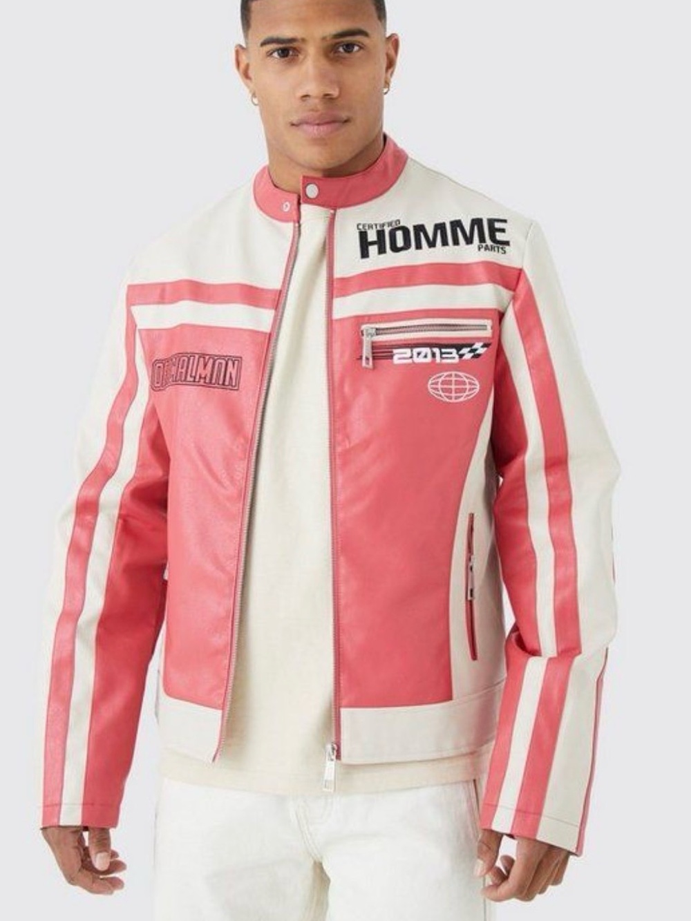 Boohoo Mens Pink and White Racing-Style Leather Jacket